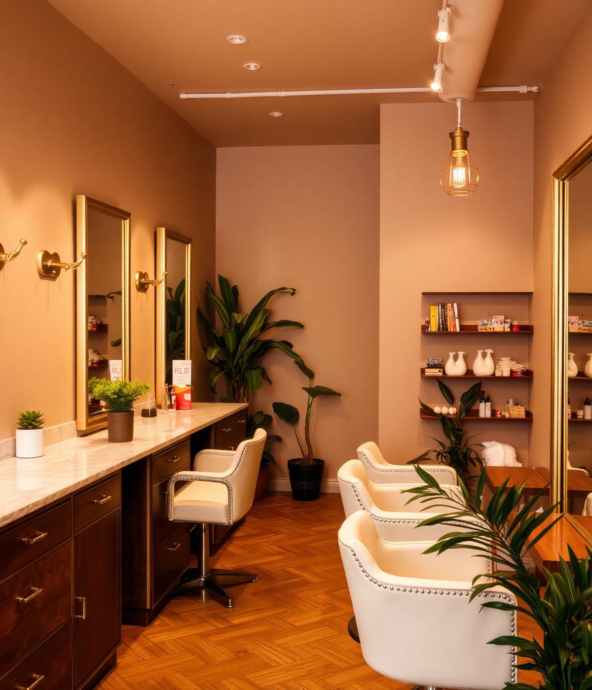 Cozy boutique interior of Hairanoya salon with brass fixtures and marble counters